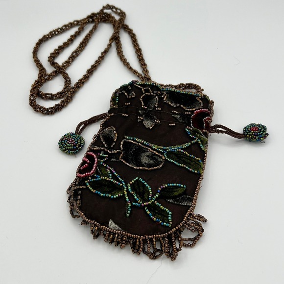 Handbags - Vintage Style Velvet Floral Beaded Drawstring Pouch Brown Crossbody Fringe Small
